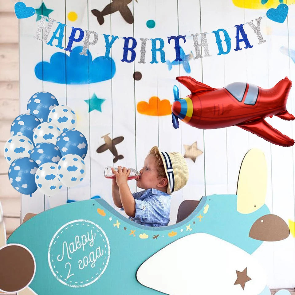 12 Inch Latex Balloon Birthday Party Decoration Kid Boy Blue White Cloud Balloon Birthday Airplane Banner Party Balloon 10pcs