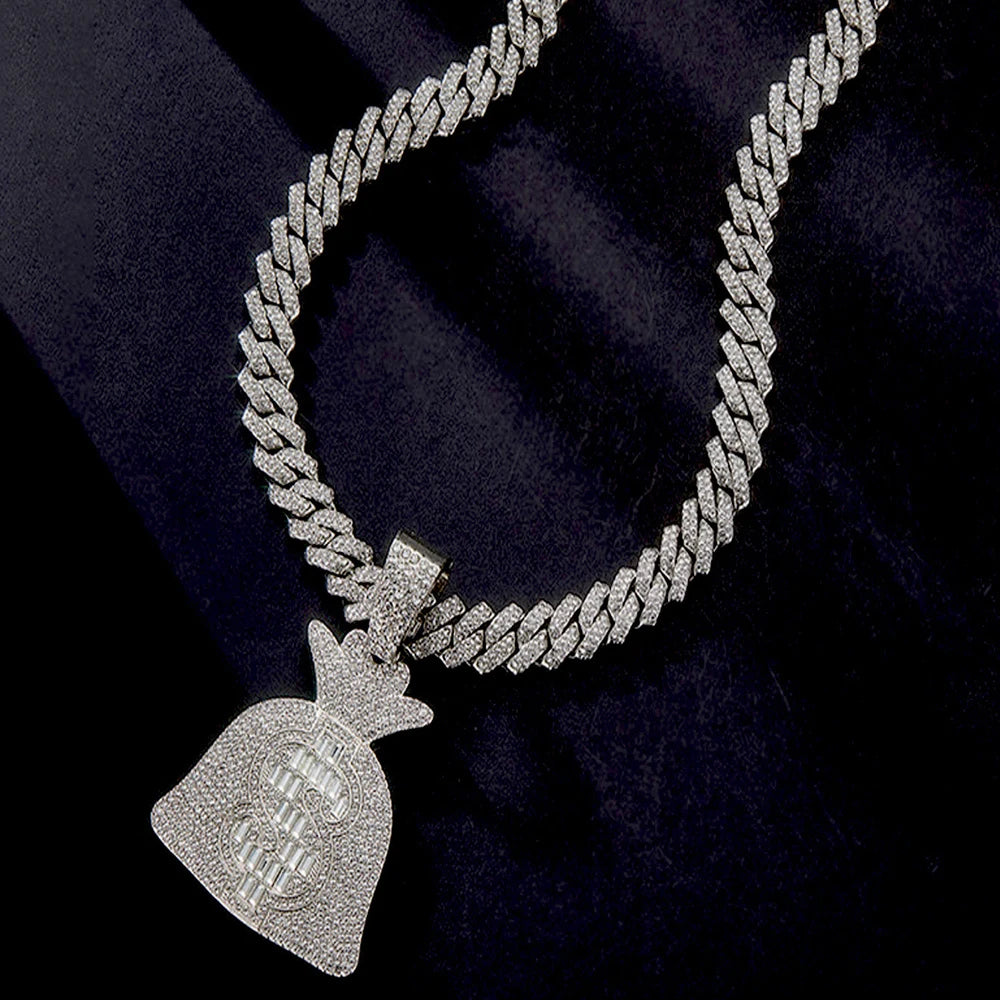 Men Women Hip Hop Dollar Sign Money Bag Pendant Necklace With 14mm Cuban ChainUSD Money Bag Necklaces Trendy Charm Jewelry Gift