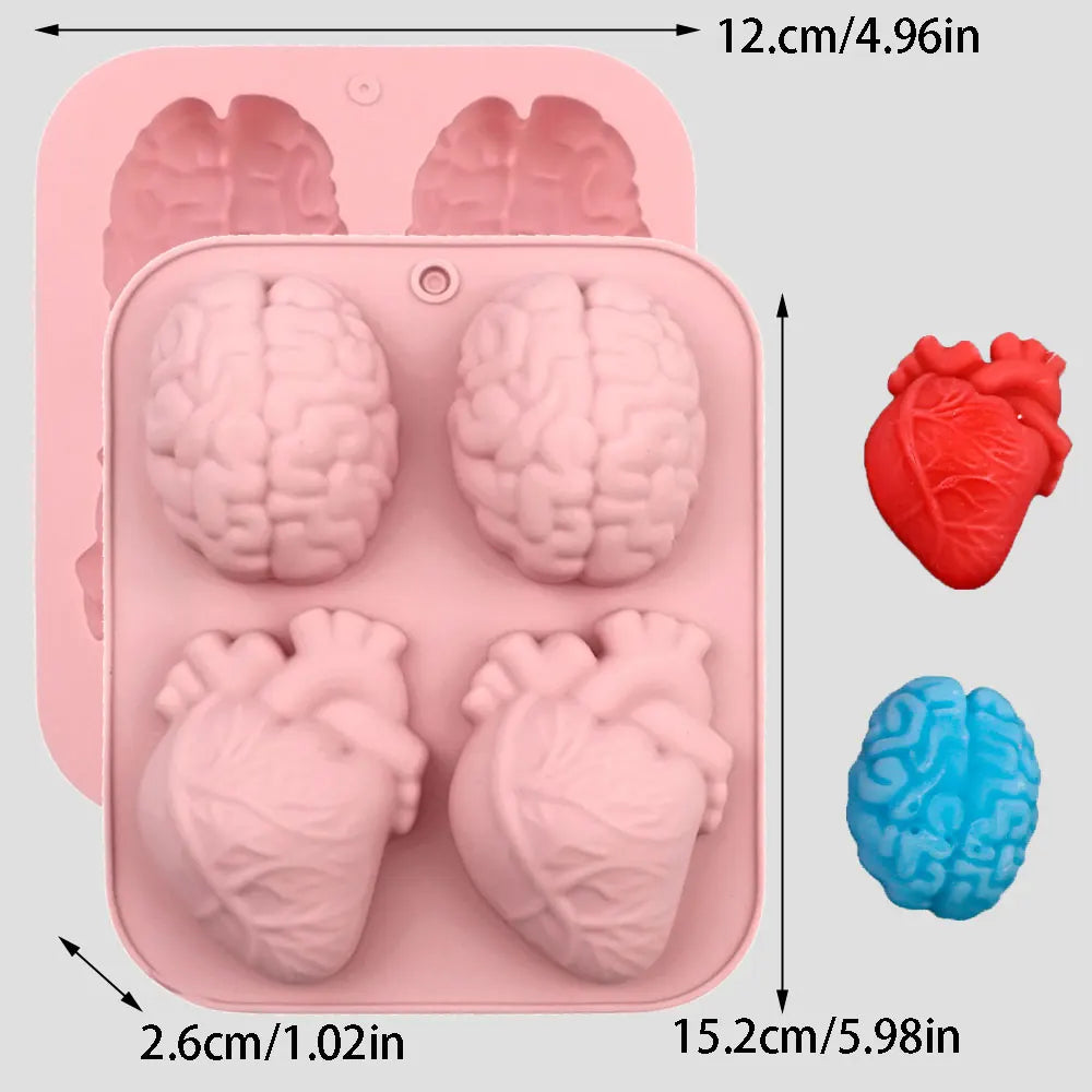 2 Cavity Heart Head Silicone Scent Candle Mold Human Brains Plaster Resin Mold Handmade 3D Organ Halloween Decor DIY Craft Gifts