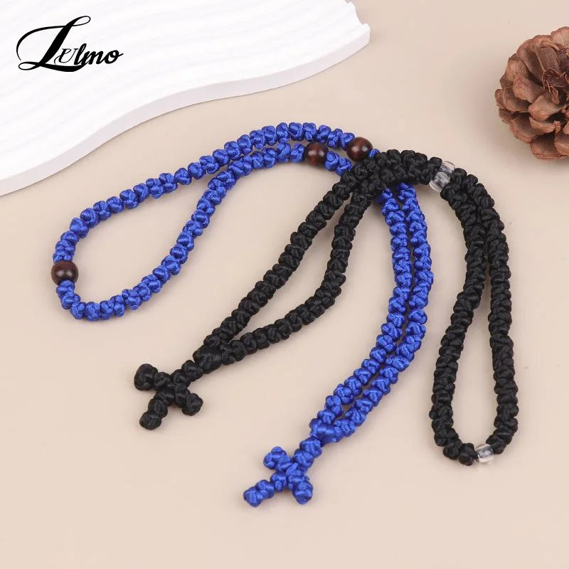 Handmade Orthodox Komboskini Prayer Rope Necklace Black Blue Knot Religious Cross Rosary Jewelry Gift For Believers