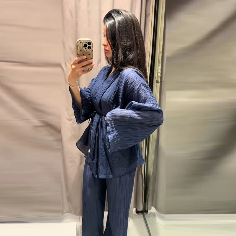 Tie Front Textured Women's Set V-Neck Loose Set Wide Sleeve Drawstring Pants Casual Lounge Solid Color 2 Piece Outfits For Daily