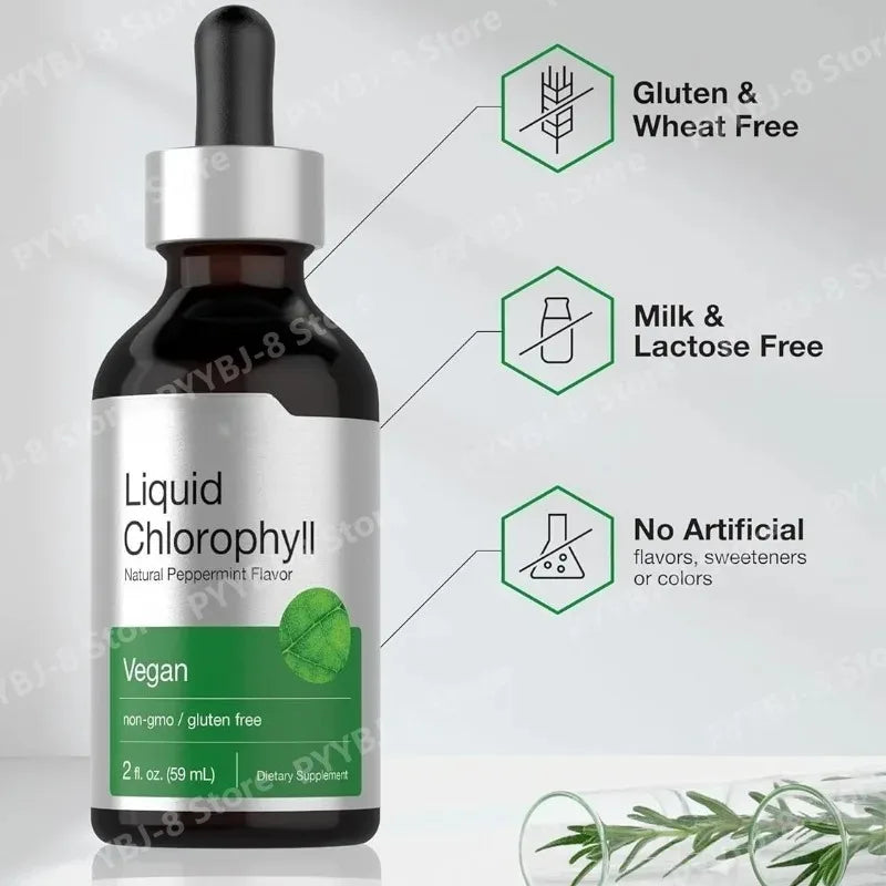 Liquid Chlorophyll Drops 59ml Peppermint Herbal Extract Vegan Non-GMO Dietary Supplement Mix with Water Support Antioxidant