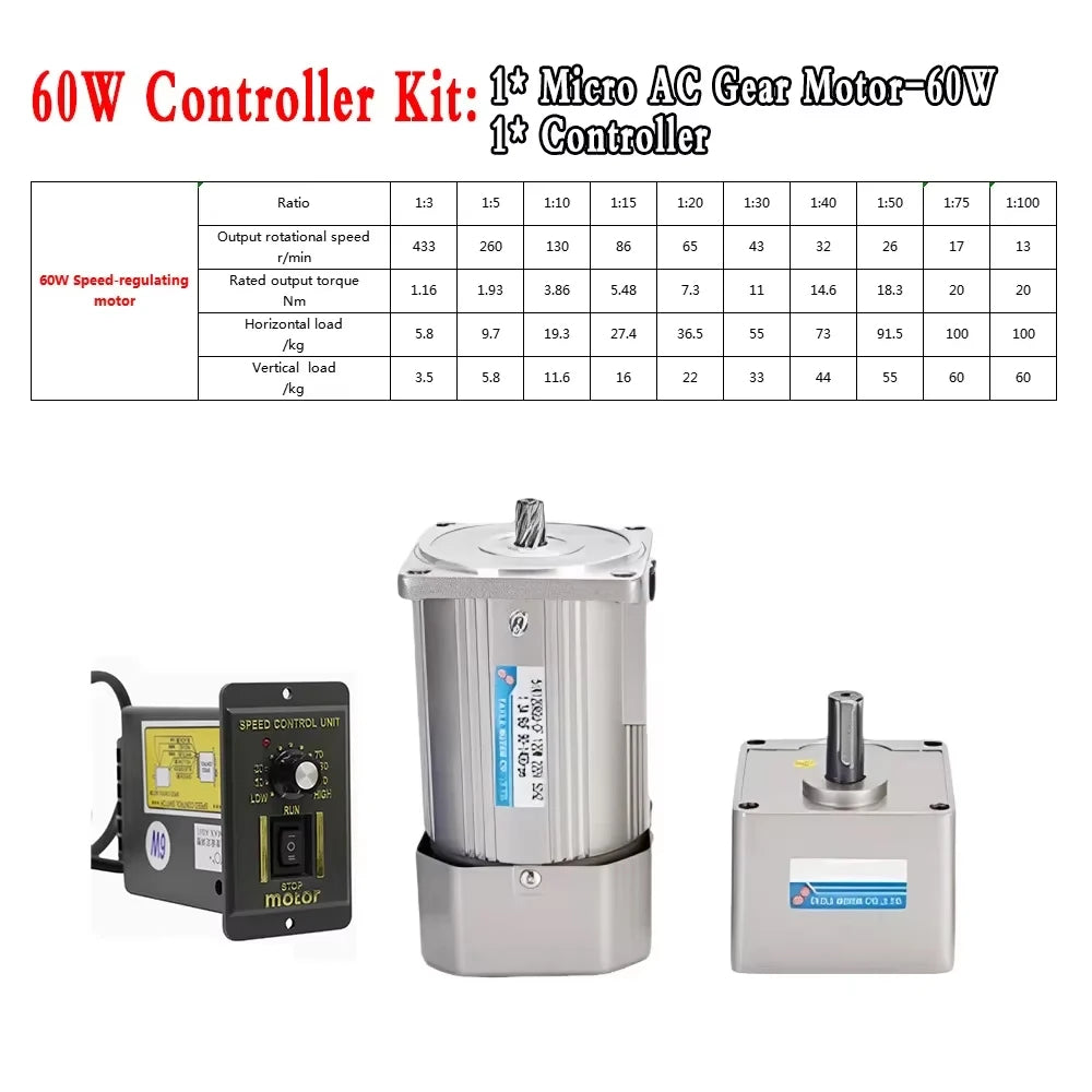 200W 250W Micro AC Motor Kit 220V Gear Motor Speed Forward and Reverse Controller+Single Phase Asynchronous Motor 50/60hz ForCNC
