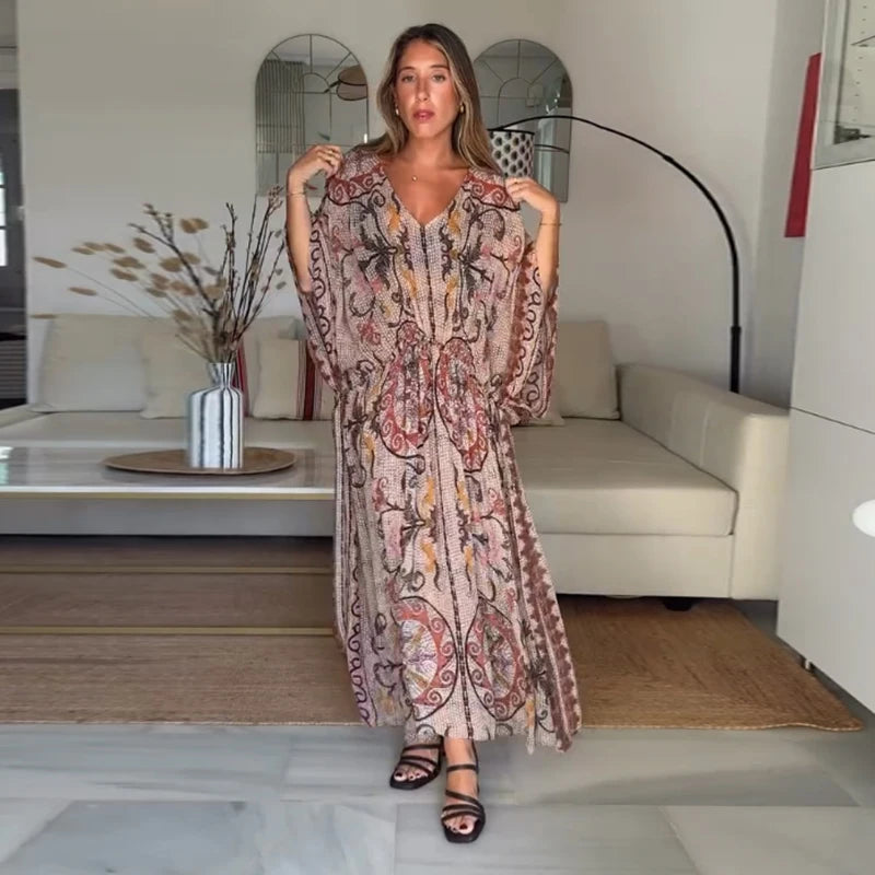 Women's V-Neck Vintage Vine Print Batwing Sleeve Maxi Dress Drawstring Waist Loose Flare Long Dress Mesh Texture Beach Vacation