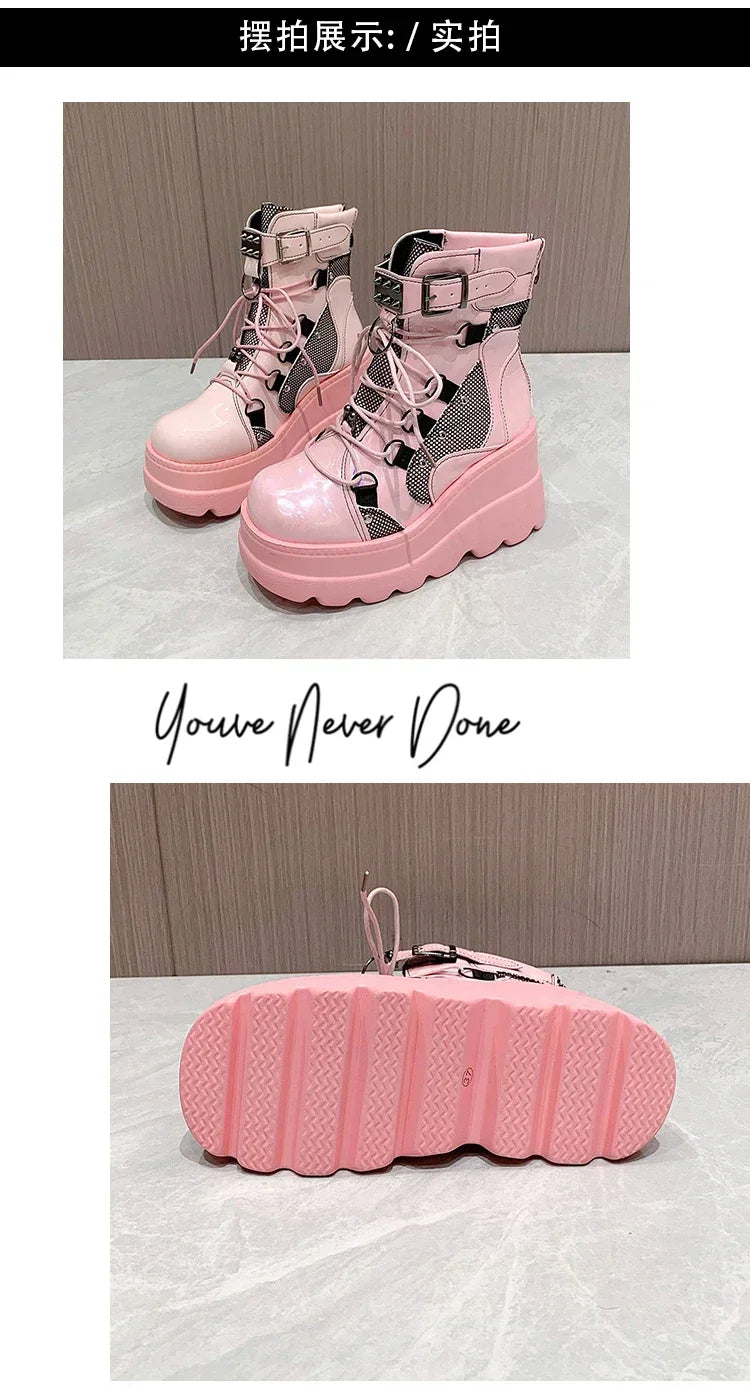 2025 New Design Women Punk Gothic Motorcycle Boots Platform Chunky High Heel Ankle Boot Ladies Cool Wedge Black Female Shoes