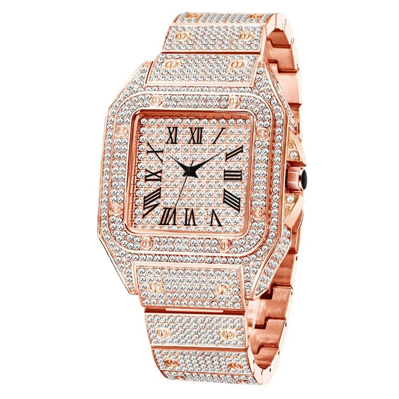 Men's Business Square Starry Sky Steel Belt Diamond-Inlaid European American Roman Fashion Quartz Wristwatch Gift