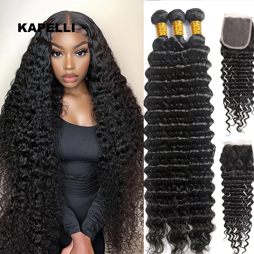 Deep Wave Human Hair Bundles with Closure 24 26 28 inch Deep Curly Bundles Natural Human Hair Brazilian Raw Hair Extensions