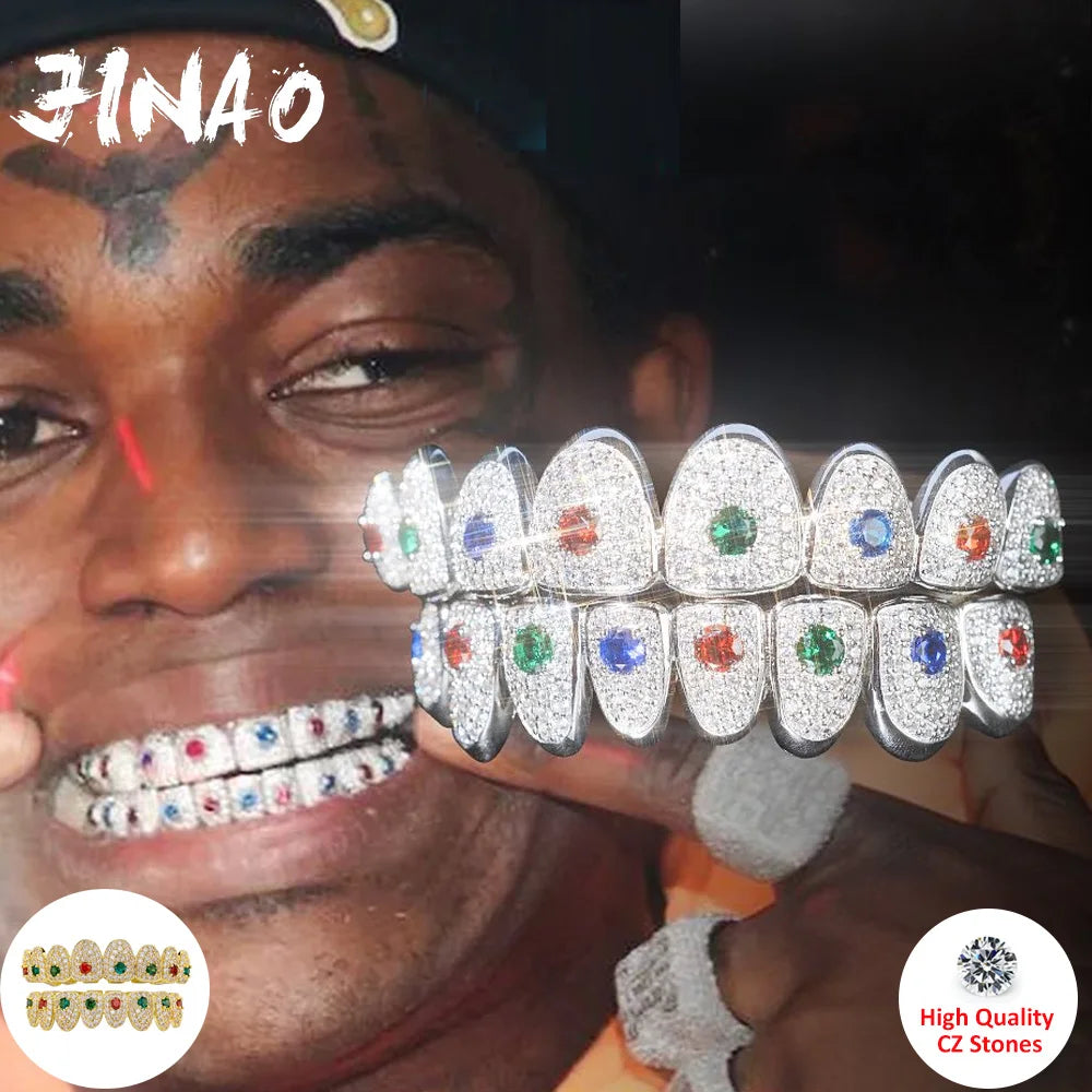 JINAOHip Hop Full Iced Out Colorful CZ stone Rainbow Grillz 8 Teeth Men Women Top&Bottom Grill Punk Rapper Halloween Christmas