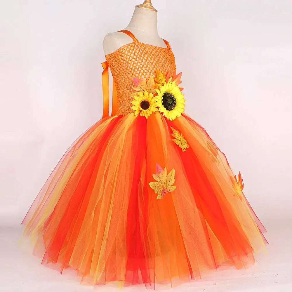 Maple Leaf Sunflower Fairy Costumes Girls Fall Autumn Long Tutu Dress for Kids Thanksgiving Halloween Fancy Outfit with Wings