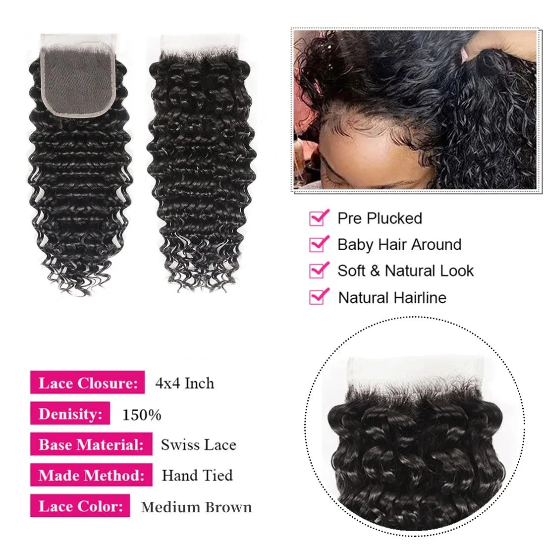 Deep Wave Human Hair Bundles with Closure 24 26 28 inch Deep Curly Bundles Natural Human Hair Brazilian Raw Hair Extensions