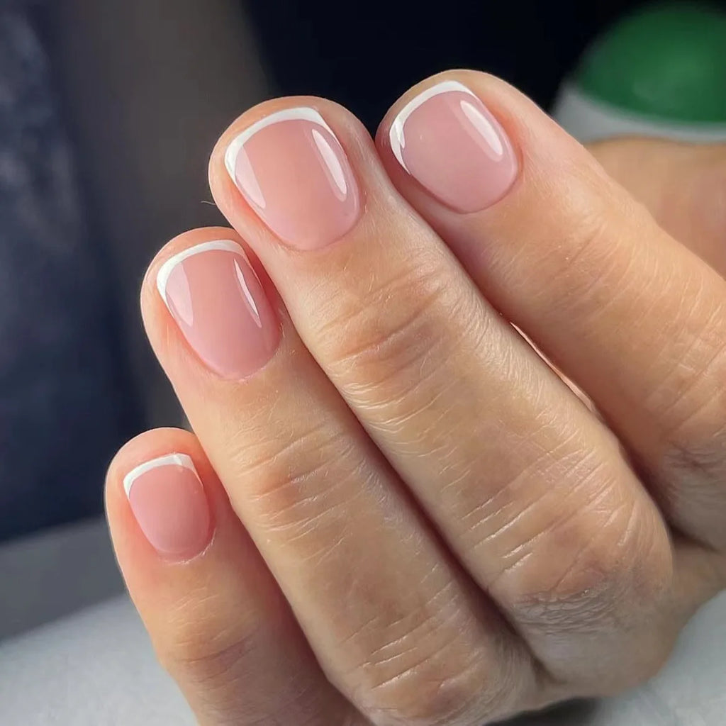 24Pcs Simple Square Head Fake Nail with nude design White Gradient French Press on False Nails Short Full Cover Nail Tips