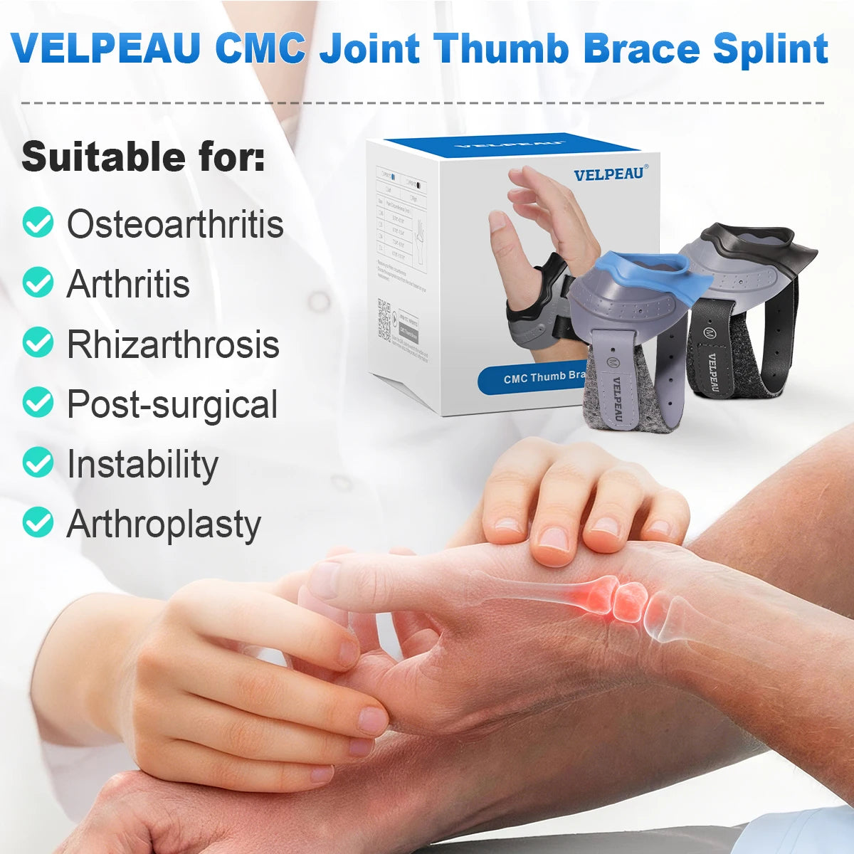 VELPEAU CMC Thumb Brace with Shape-memory Restriction Splint, Thumb CMC Joint Stabilizer for Thumb Basal Arthritis Pain