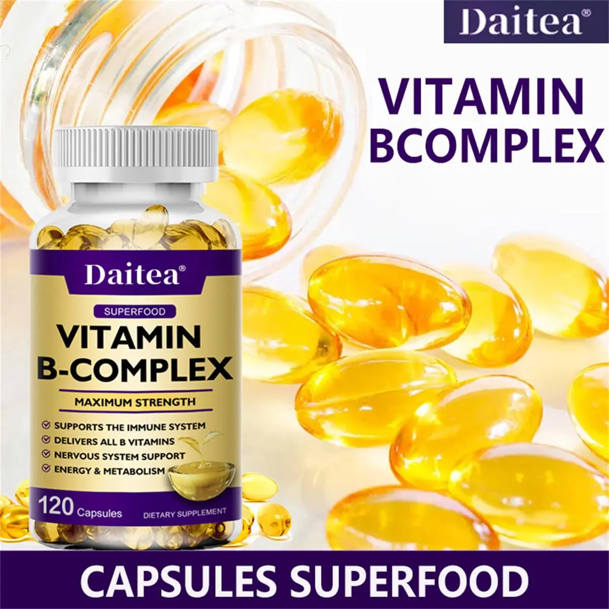 Vitamin B-Complex Capsules - Energy, Immune & Nervous System Support, Relieve Stress, Improve Digestion