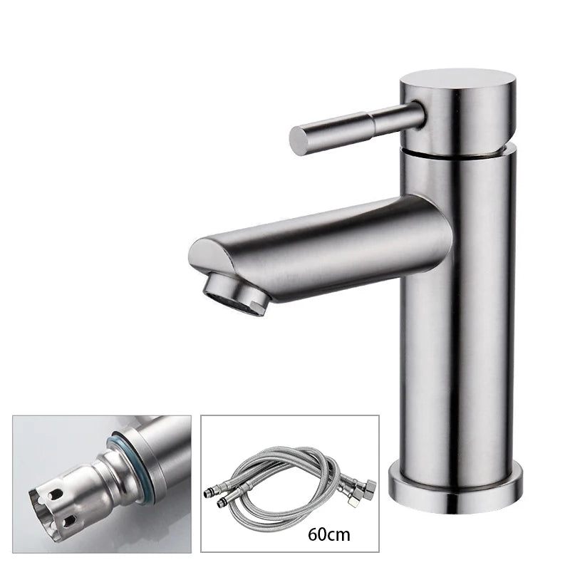 Basin Faucet 304 Stainless Steel Sink Mixer Tap Hot Cold Water Washbasin Bathroom Kitchen Accessories Wanity With 2 Pieces Pipes