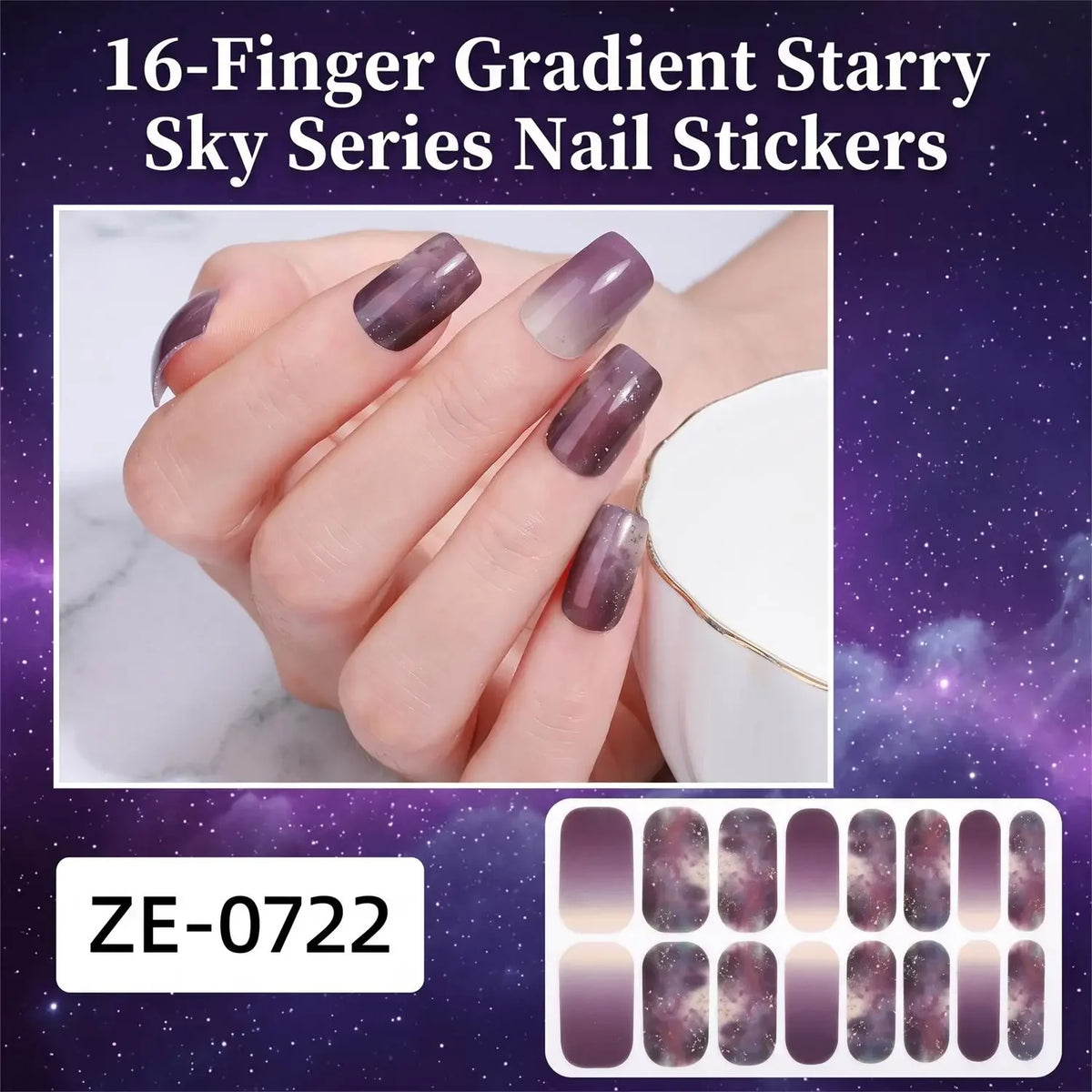 Gradient Galaxy Series Press-on Nails | 16-Piece Set of Removable Self-Adhesive Fake Nail Stickers | Valentine's Day Gift Idea
