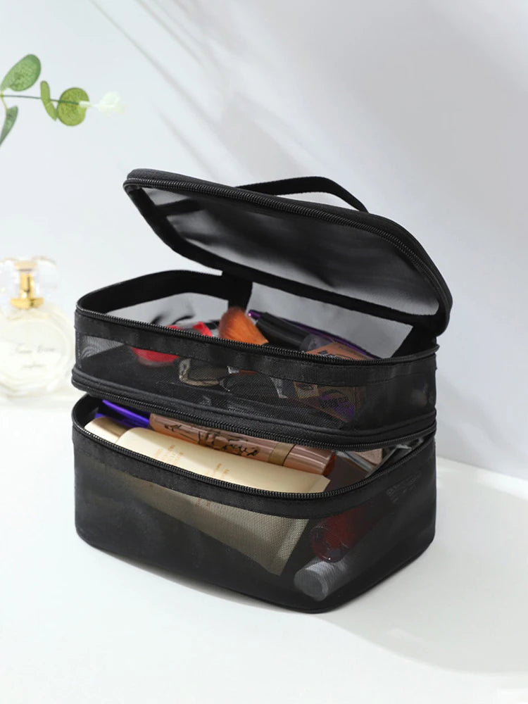 Double Layer Mesh Makeup Bag, Wash Bag, Women's Portable New Large Capacity Storage Bag, Cosmetics Storage Bag