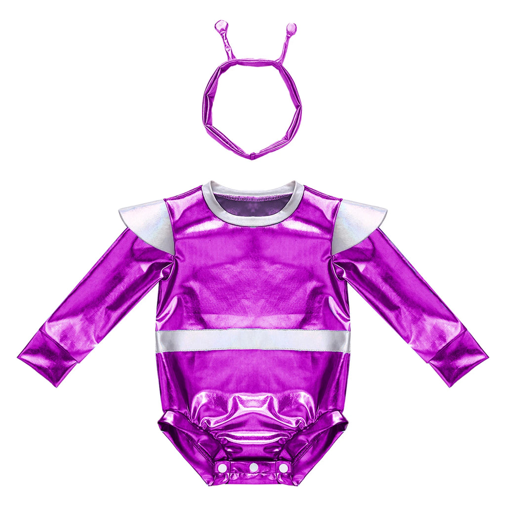 Little Boys Girls Halloween Theme Party Metallic Shiny Alien Rompers Space Robot Astronaut Dress Up Jumpsuit Photography Costume