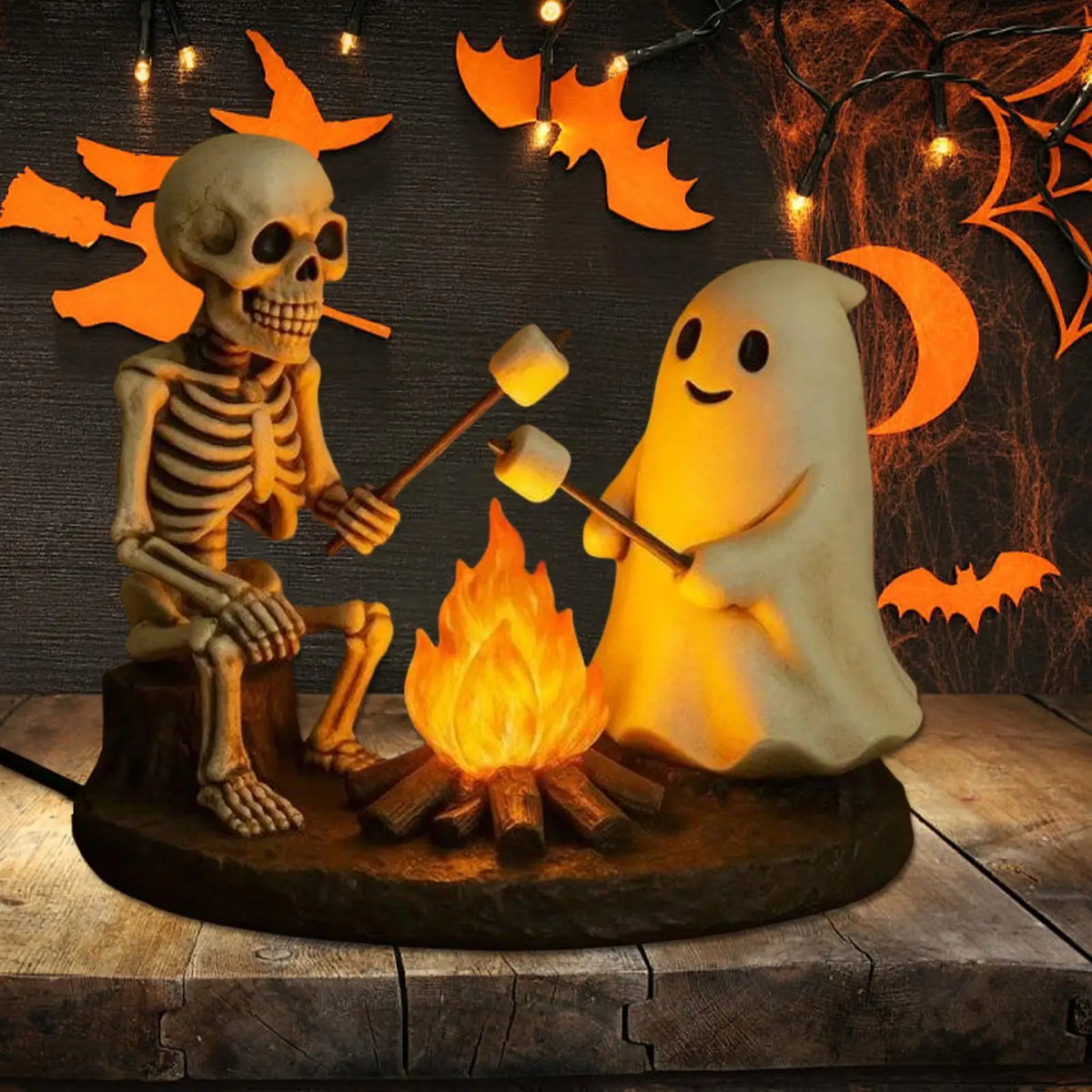 Halloween Skeleton & Ghost Bonfire Night Lamp, Flickering Campfire Nightlight, Spooky Indoor Tabletop Home Decoration Ornament