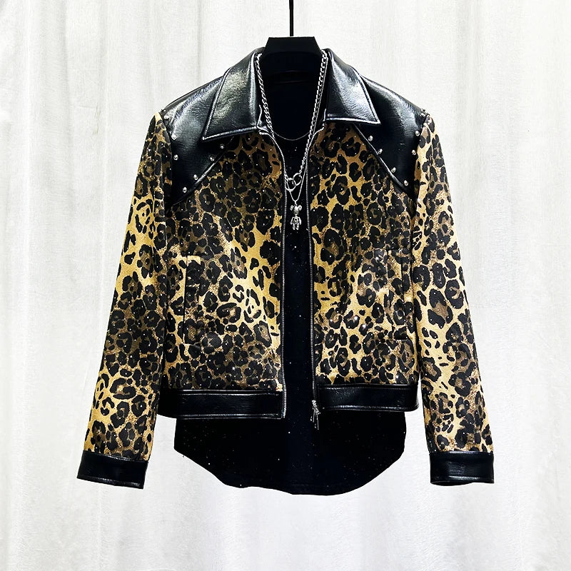 PFHQ Fashion Men's Jacket American Style Leopard Print Patchwork Rivet Design Spliced Leather Lapel Short Zipper Coats 21P1523