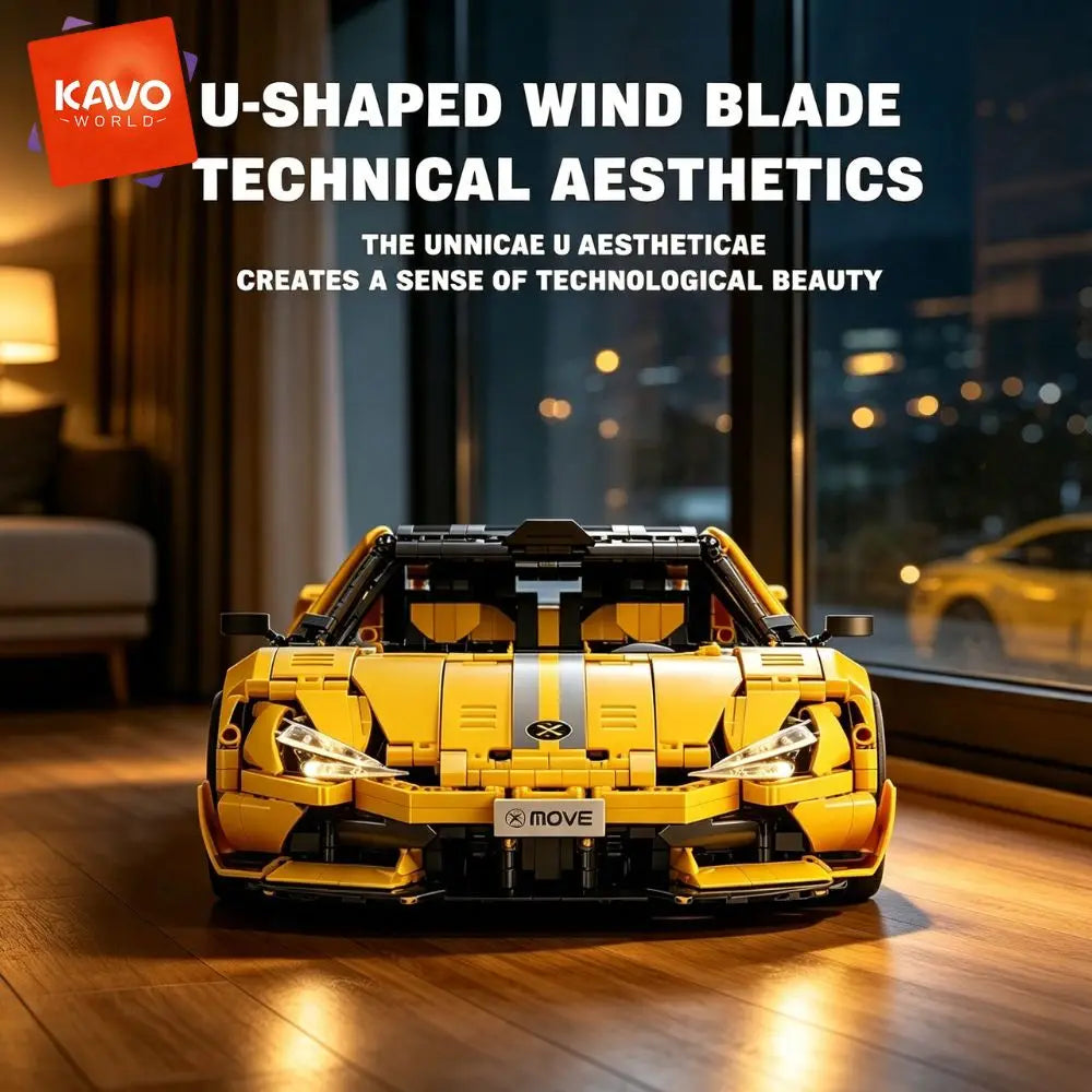KAVOWORLD 2143pcs Yellow 1:10 Building Block Racing Car Sports Supercar Road Coupe Drift Vehicle Construction Kit with Movable Doors Adjustable Rear Wing DIY Assembly STEM Toys Home Desk Decor Hobby Christmas Halloween Birthd
