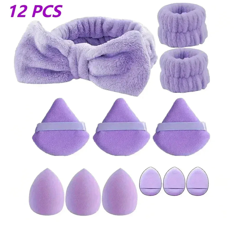 12Pcs Makeup Sponge Kit with Spa Headband, Foundation Blending Egg & Velvet Powder Puff, Complete Cosmetic Tools Set for Women -