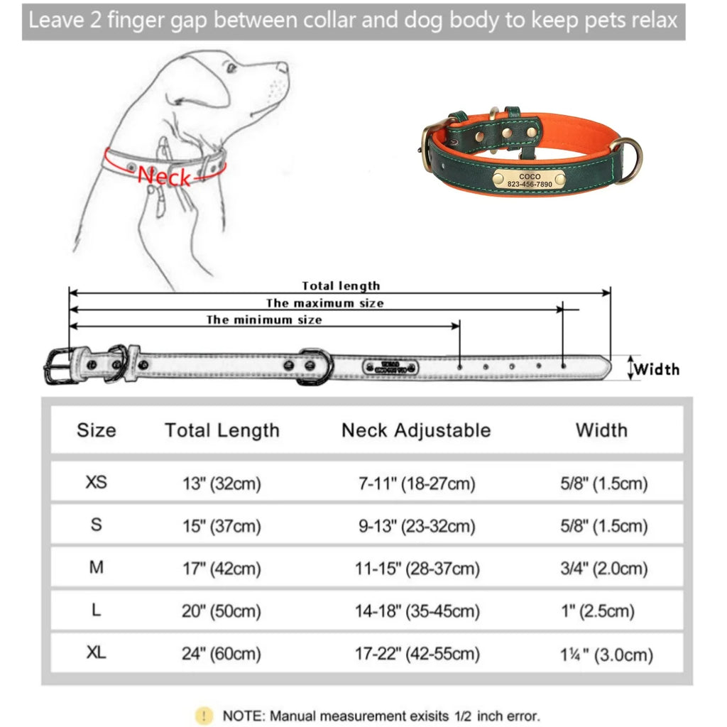 Personalized Customized Leather ID Nameplate Dog Collar Soft Padded Dogs Collars Free Engraving Name for Small Medium Large Dogs