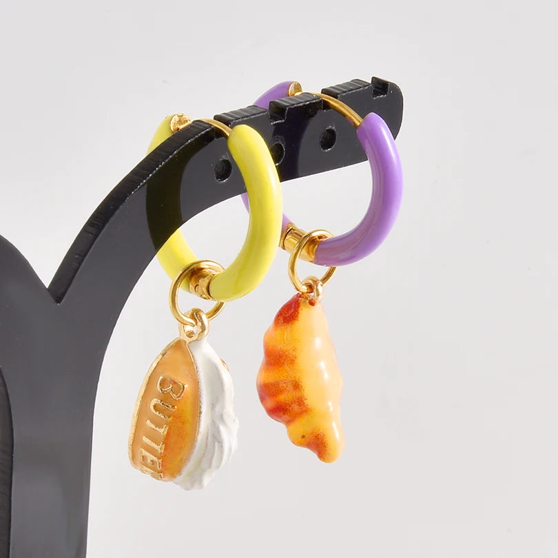 1Pair Dopamine Enamel Sweet Heart  Cute Bee Flower Y2K Girl Aesthetic Aretes Funny Food Cake Gothic Star Hoop Earrings Jewelry
