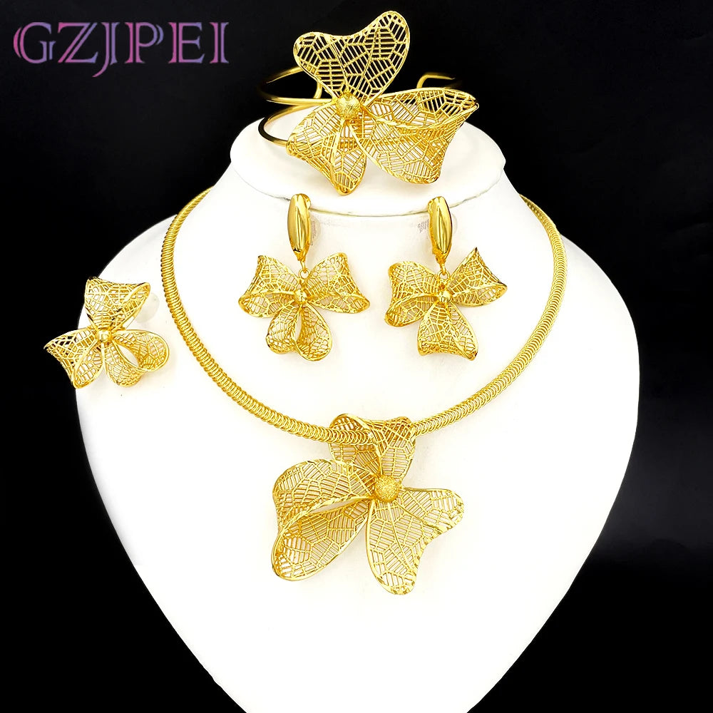 GZJPEI African Women's Bowknot Jewelry Set Gold Plated Necklace Earrings Bracelet Ring, Fashion 4PCS Jewelry Set For Women,