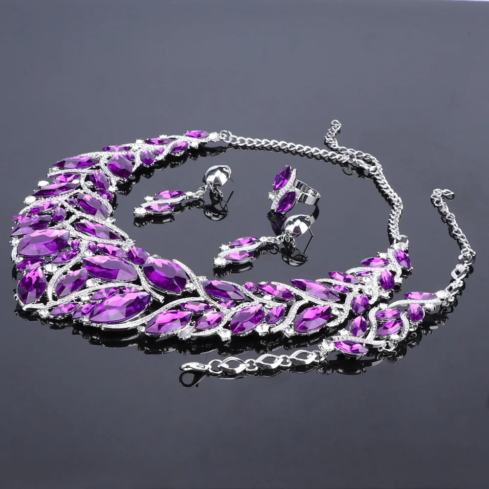 Luxury Silver Color Purple Crystal Bridal Jewelry Sets for Brides Necklace & Earrings Set Wedding Party Costume Accessories