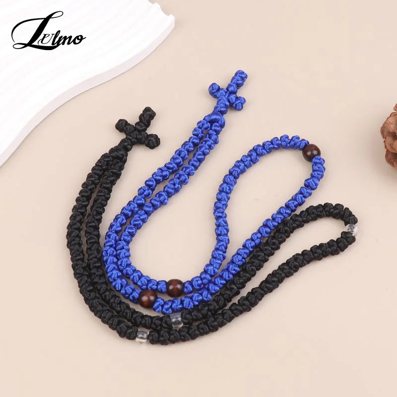Handmade Orthodox Komboskini Prayer Rope Necklace Black Blue Knot Religious Cross Rosary Jewelry Gift For Believers