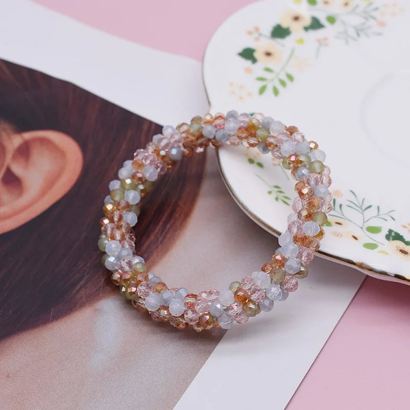 Mixed Color Trendy Glass Bead Bracelet Elastic Handmade Strand Bracelets for Women Gift New Hair Accessory Glass Beads Bracelet