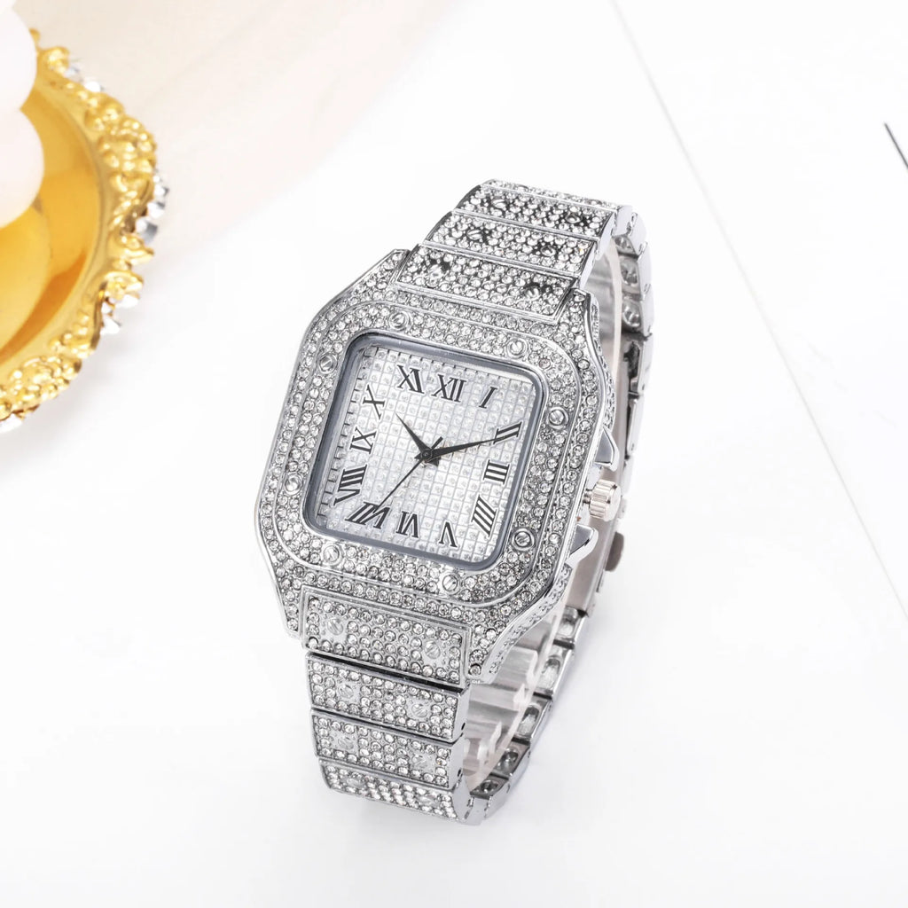 Men's Business Square Starry Sky Steel Belt Diamond-Inlaid European American Roman Fashion Quartz Wristwatch Gift