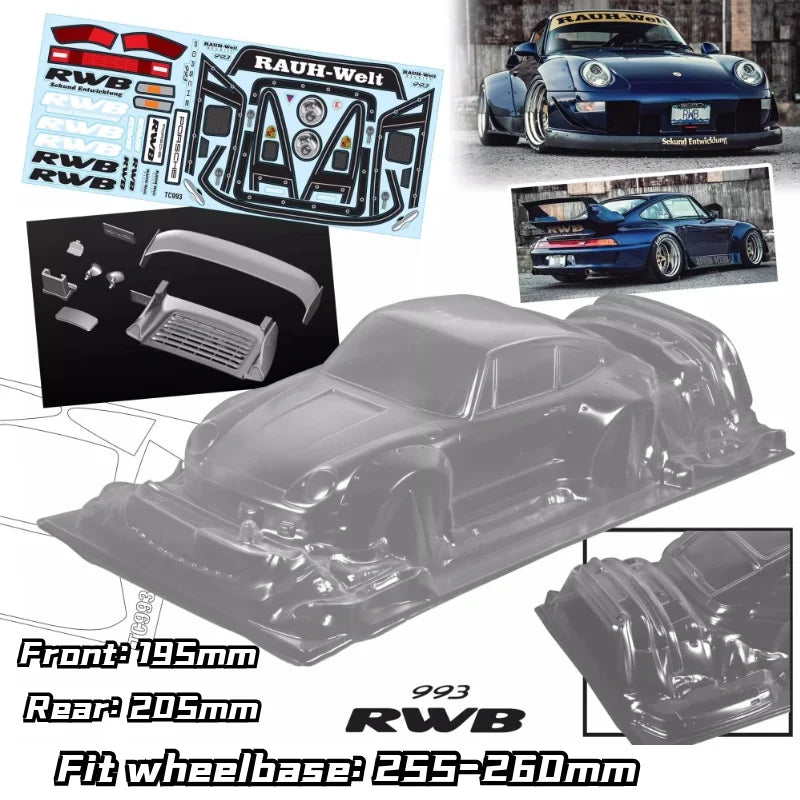 1/10 RWB 993 Wide RC Drift Body Rally PC Shell 195mm Width 260mm Wheelbase Lampshade No Painted Body RC Hsp Hpi Trax Tamiya LC