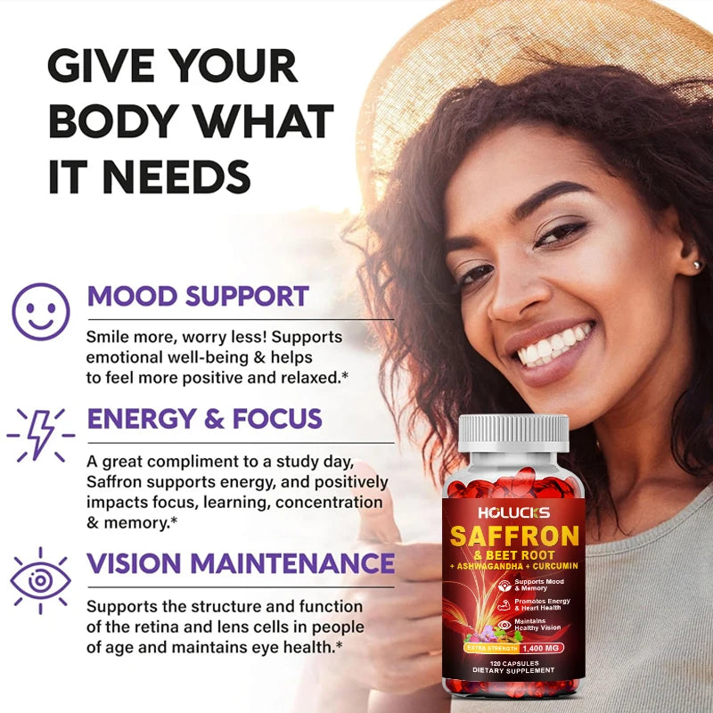 Saffron Extract Supplement, Boost Energy & Mood, for Eye & Heart Health, Focus, Vision Support, with Beet Root & Ashwagandha