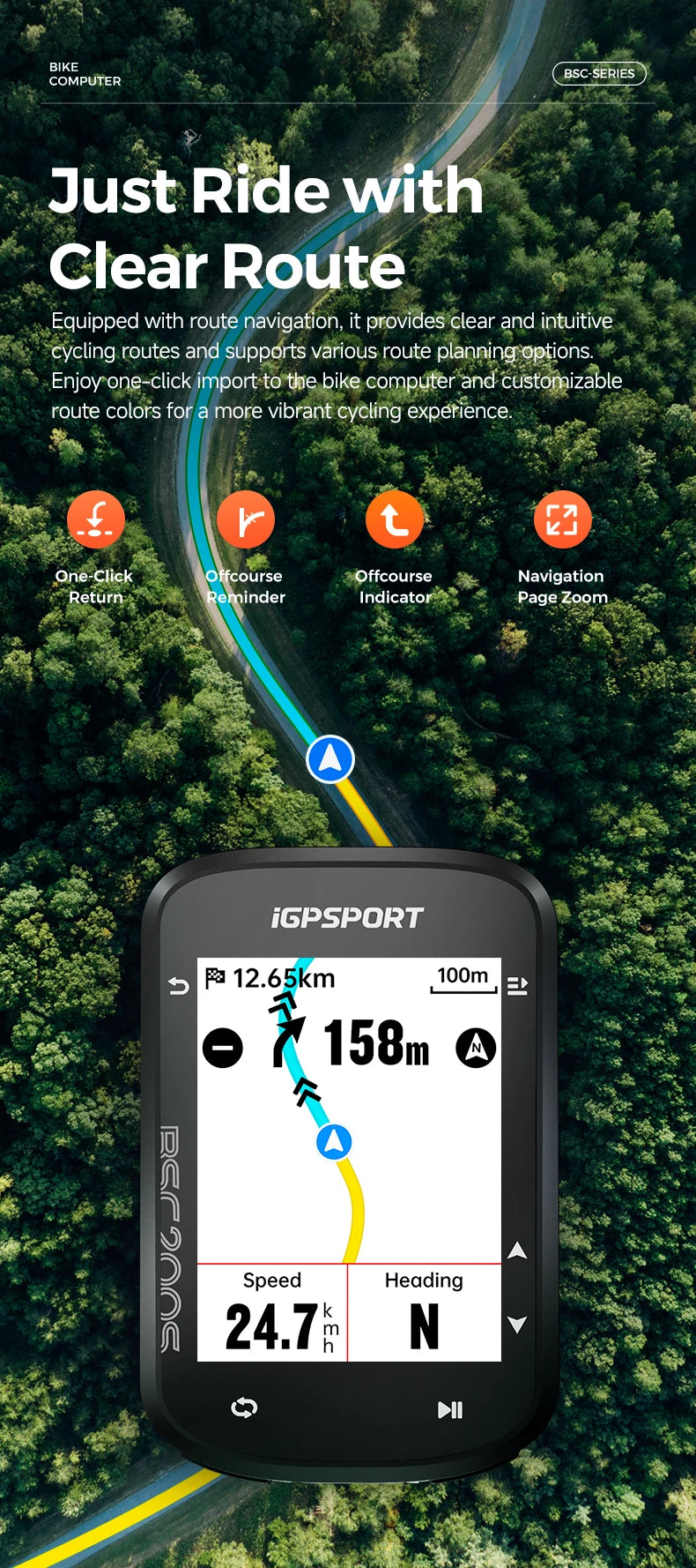 iGPSPORT BSC200S GPS Route Navigation Bike Computer Colorful Screen Wireless Bicycle Speedometer Cycling Odometer Bluetooth Ant