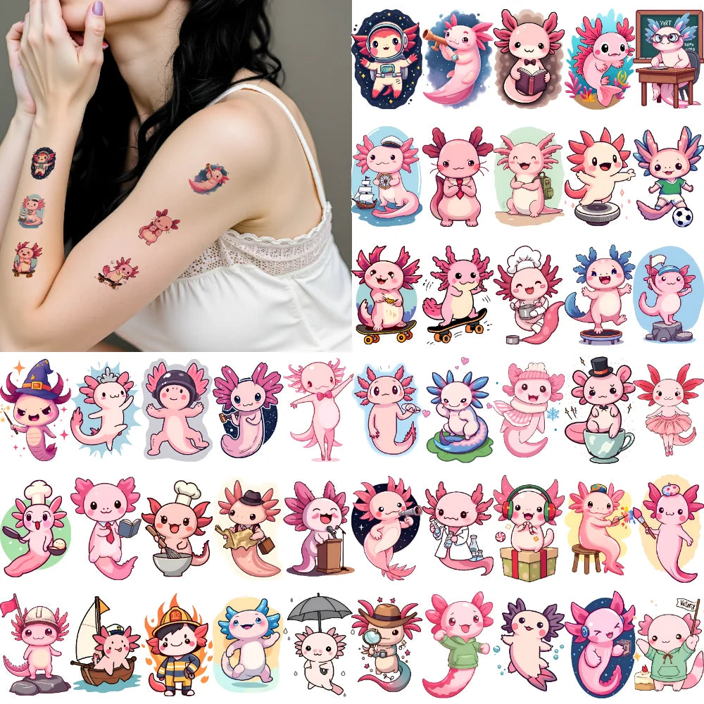54pcs Temporary Tattoo Cartoon Axolotl Waterproof Long-lasting Body Stickers Cute Axolotl Cartoon For Arms