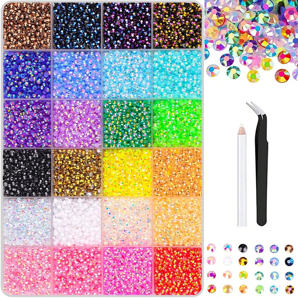 3/4/5mm 24-Color Bedazzling Kit Ab Resin Jelly Flat-Back Rhinestone Set Diamond Decoration Crystal Mixed Color Gems Suitable for DIY Phone Cases, Clothing, Water Bottles, Decorations, Crafts, Fabric Clothing, Shoes, Hats, Hol