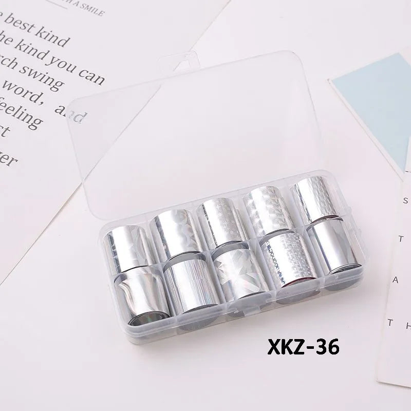 10 Rolls/ Box Charm Nail Foils Polish Stickers Metal Color Starry Paper Transfer Foil Wraps Adhesive Decals Nail Art Decorations