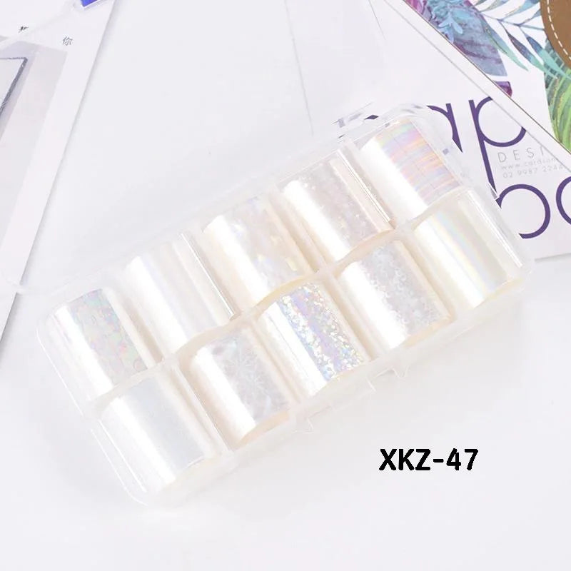 10 Rolls/ Box Charm Nail Foils Polish Stickers Metal Color Starry Paper Transfer Foil Wraps Adhesive Decals Nail Art Decorations