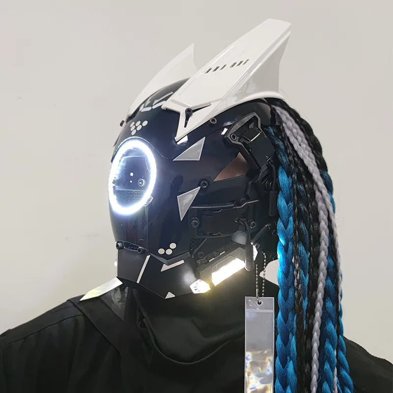 Cyber punk Mask LED Hairstyle Braid Halloween Christmas Role Playing Helmet Party Adult Gift ﻿