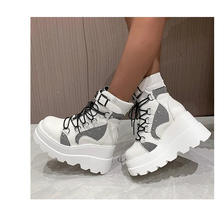 2025 New Design Women Punk Gothic Motorcycle Boots Platform Chunky High Heel Ankle Boot Ladies Cool Wedge Black Female Shoes