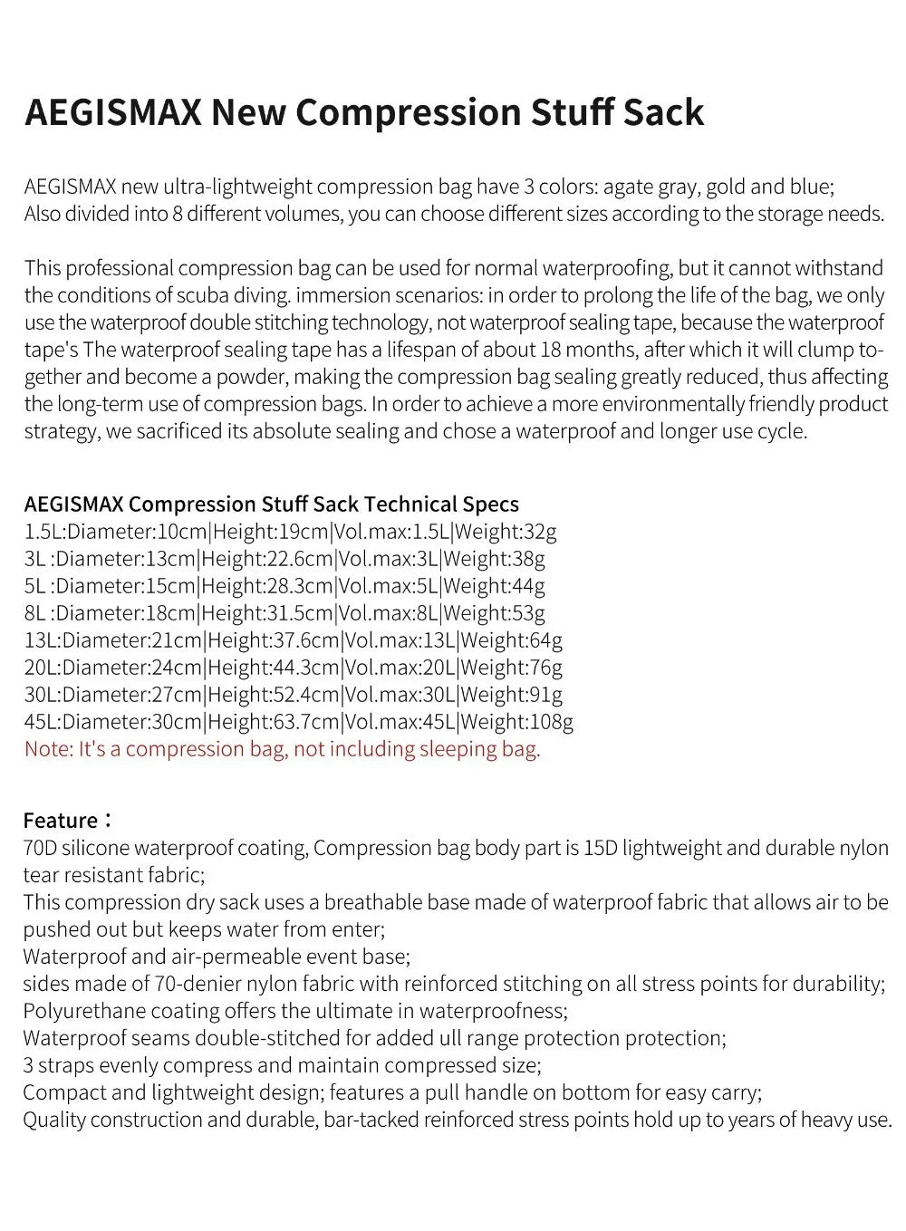 AEGISMAX 1.5L-45L Sleeping Bag Compression Sack   Outdoor Camping Waterproof Storage Bag Stuff Sack Sleeping Bag Accessories