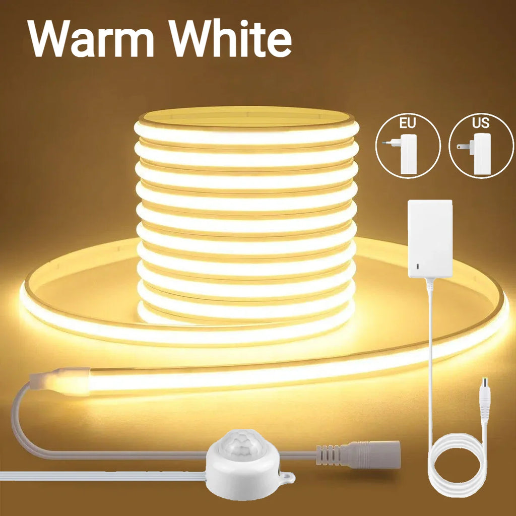 Motion Sensor Neon COB LED Strip Light Solid Silicone 24V Cuttable Light Strip Delay Time Adjustable 20-350s for Stairs Hallway