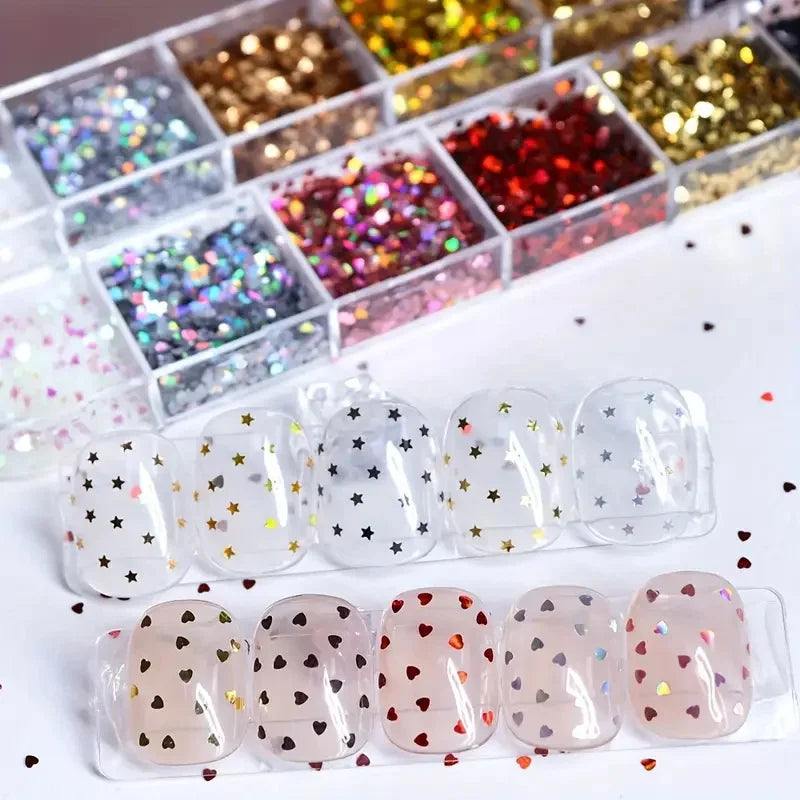 12 Grids Y2K Mini Laser Star Heart Nail Sequins Glitter Five-pointed Stars Nail Flakes Epoxy Resin Mold Fillers Manicure Decor *