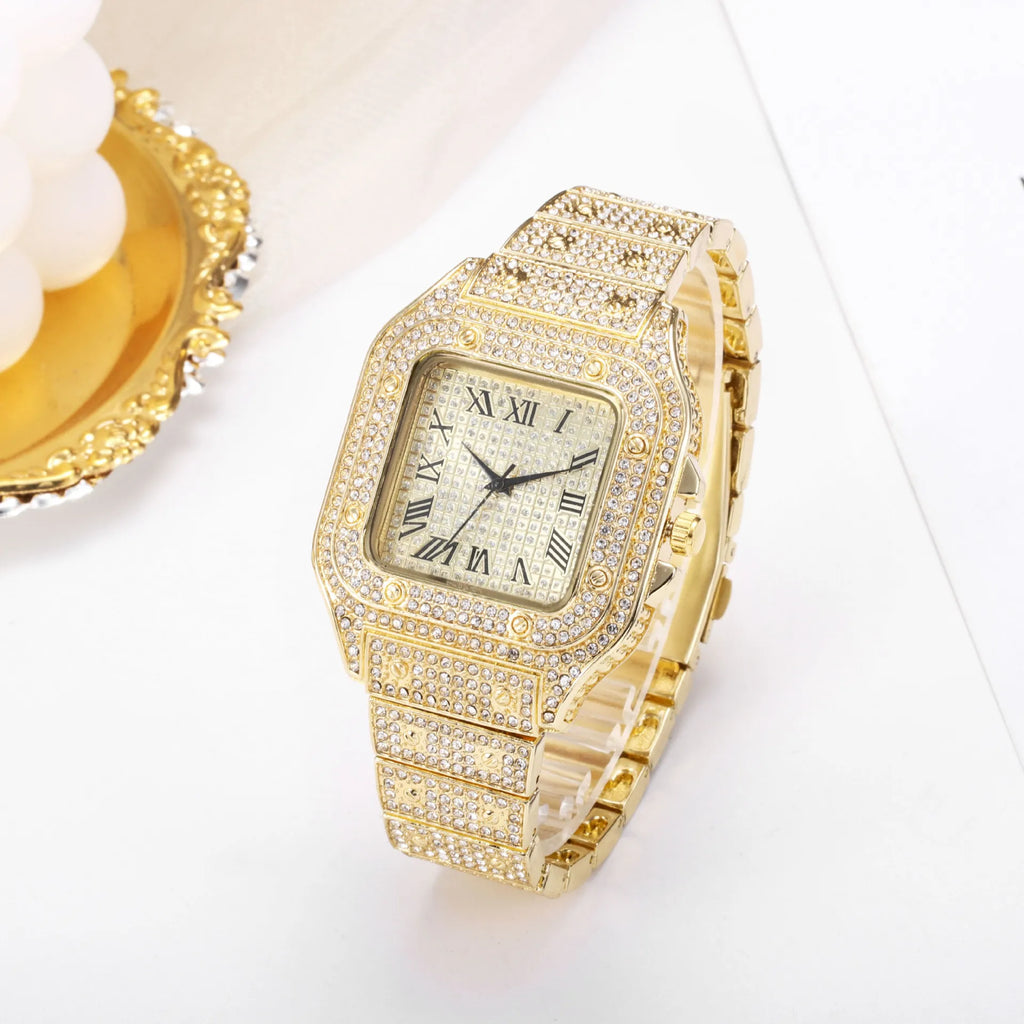 Men's Business Square Starry Sky Steel Belt Diamond-Inlaid European American Roman Fashion Quartz Wristwatch Gift