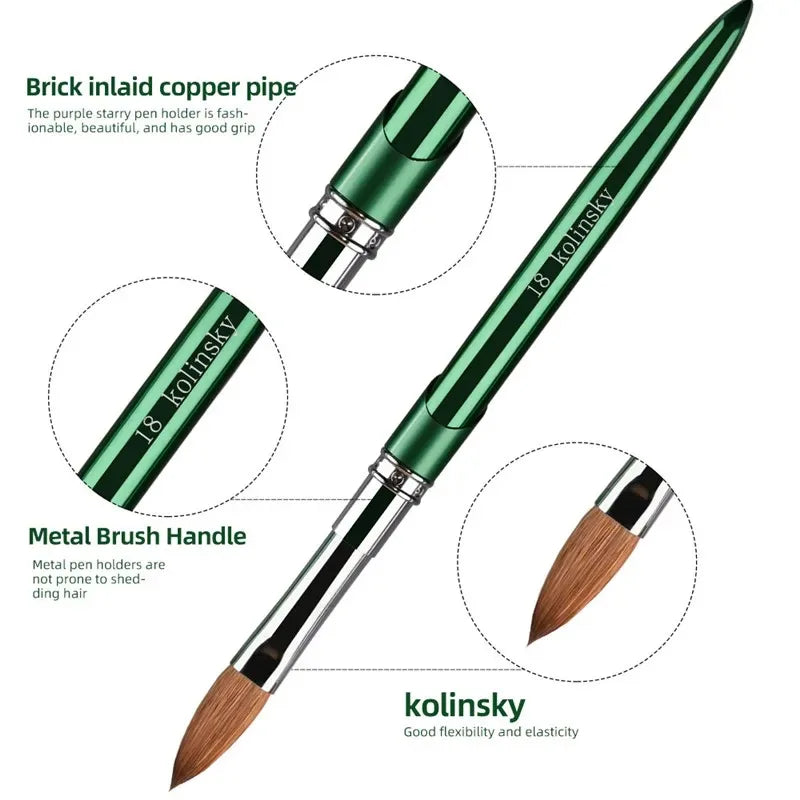 100% Kolinsky Acrylic Nail Brush 1Pcs Green Crimped Metal Handle Drawing Brush for Acrylic Powder Size 2-18