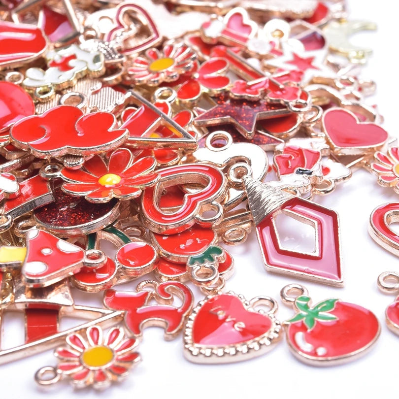 30/50/100PCS Mixed Gold Color Alloy Enamel Cute Heart Flower Fruit Charms Pendant For DIY Earrings Bracelet Jewelry Accessories