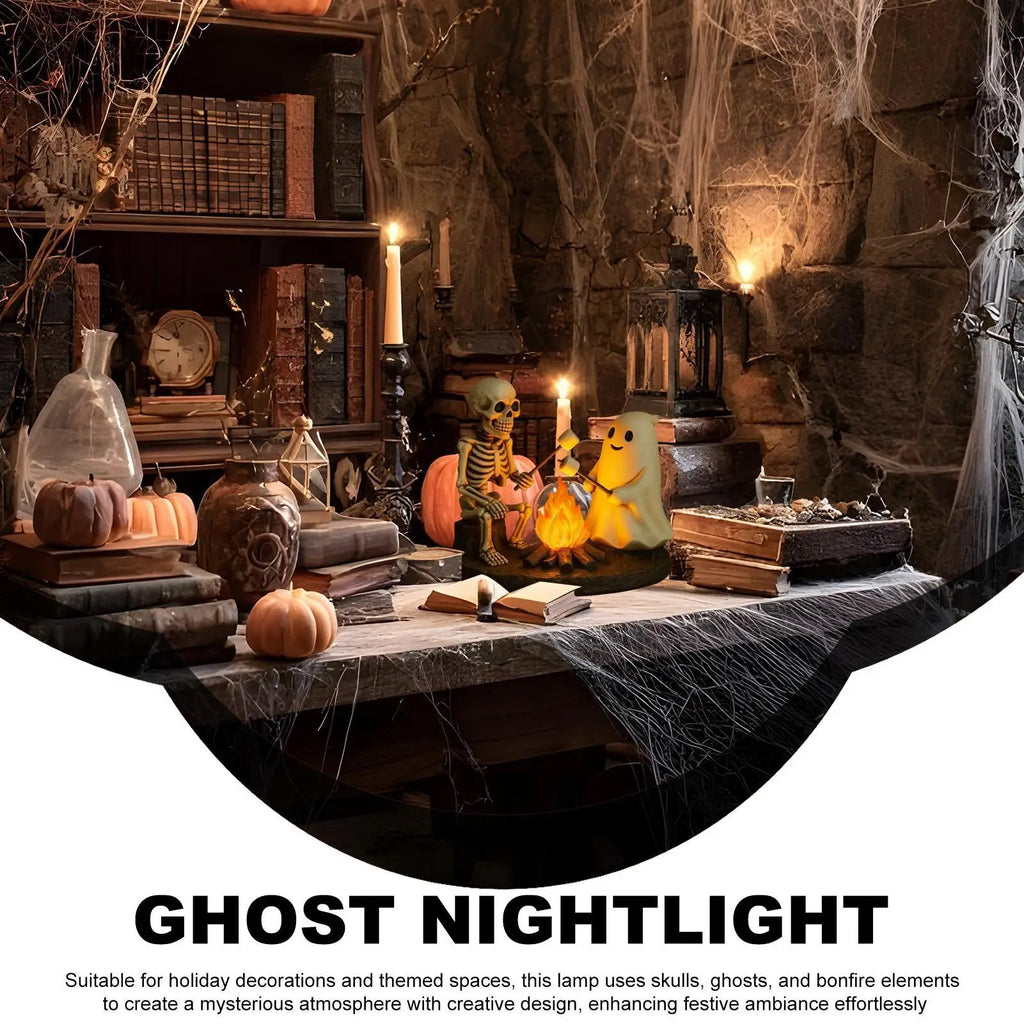 Halloween Skeleton & Ghost Bonfire Night Lamp, Flickering Campfire Nightlight, Spooky Indoor Tabletop Home Decoration Ornament