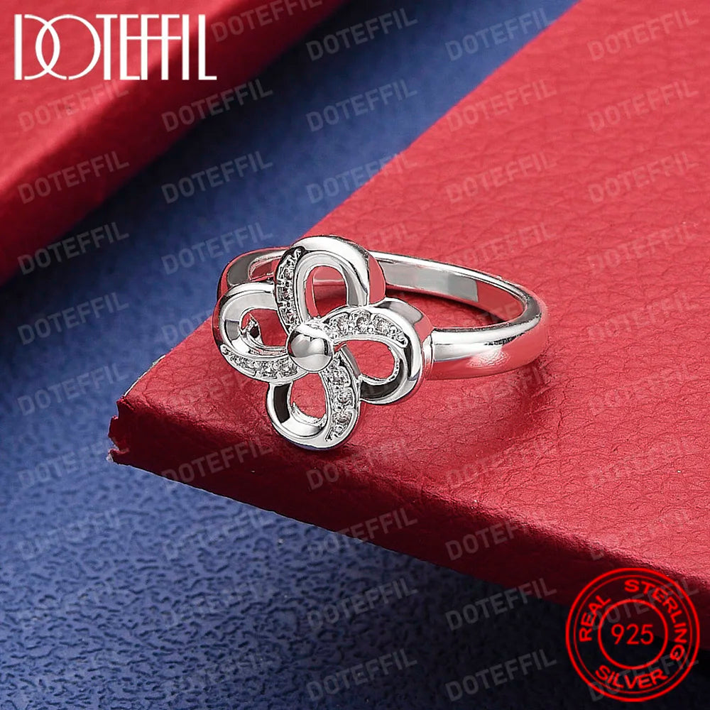 925 Sterling Silver four-leaf clover AAA Crystal Ring For Woman Wedding Engagement Charm Party Jewelry