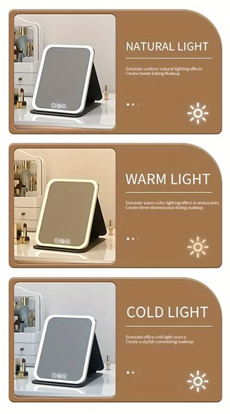 LED Makeup Mirror 3 Colors Lighting Dimmable with Touch Screen Fold Cosmetic Makeup Mirror Rechargeable Tabletop for Travel Home